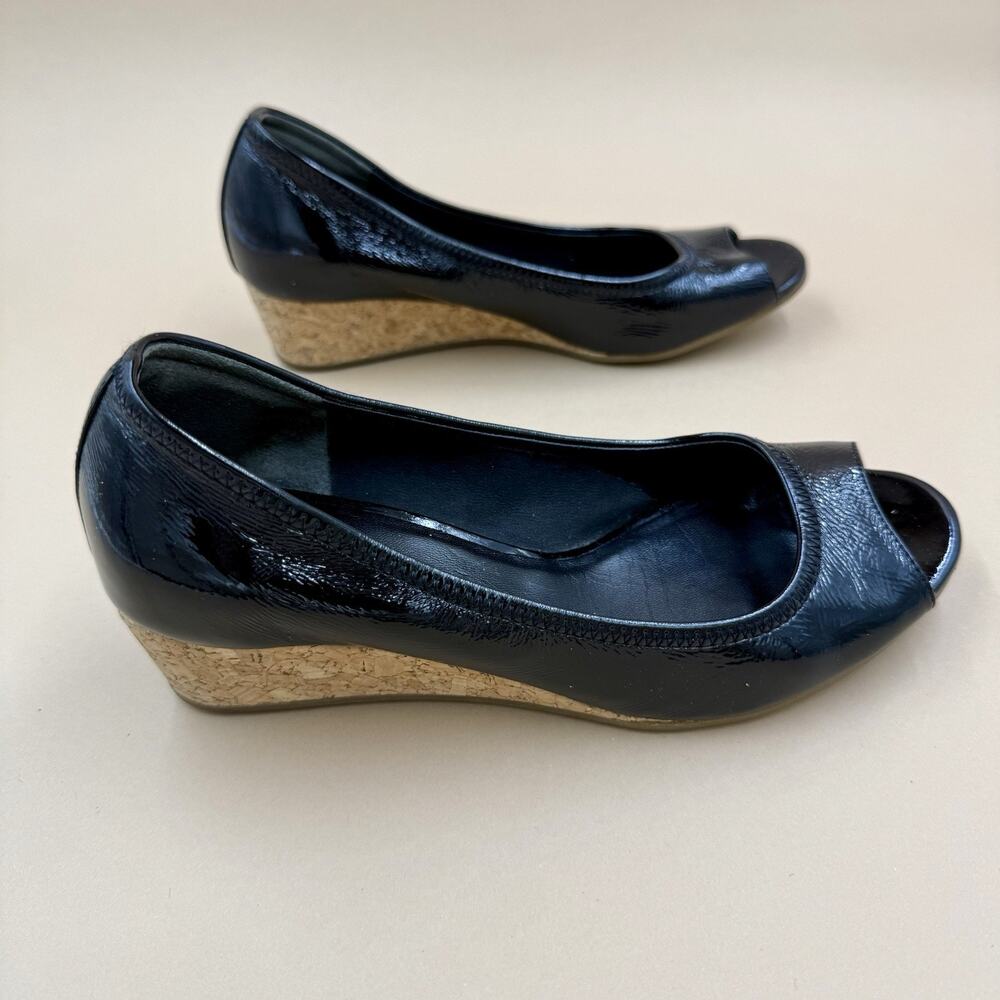 Cole Haan Black Patent Leather Wedge Heels 5.5M Office Peep Toe